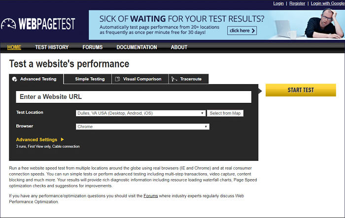 công cụ kiểm tra tốc độ website WebPageTest
